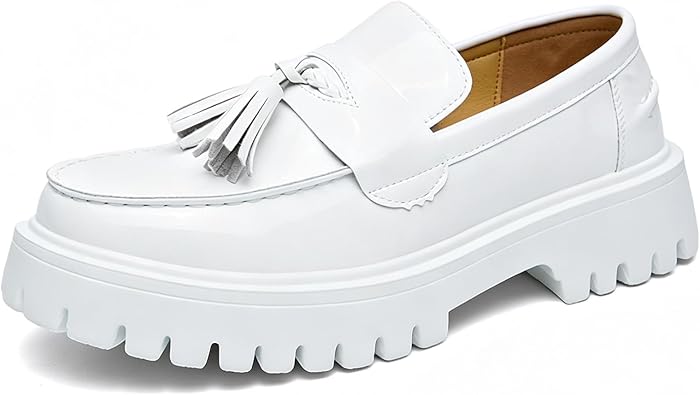 Two Tone Platform Tassel Penny Loafers for Men Fashion Black & White Comfort Slip On Round Toe Lug- Sole Chunky Heeled Dress Loafers Work Office Business Daily Casual