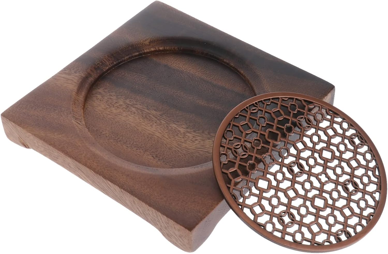 Walnut Wood Tea Trivet Tray for Teacup and Teapot Protection | Assorted Heat-Resistant Surface, Copper Accent Detail, Suitable for Restaurants and Bars, Khaki Finish Color