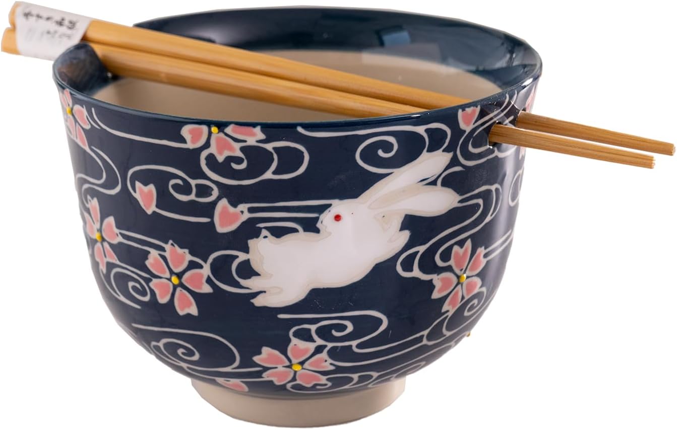 Urban Tokyo Handpainted Ceramic Glazed Japanese Ramen Udon Noodle Rice Bowl With Chopsticks 20 fl oz 5 inch Diameter Bowl Sets Color Box Packaging (Cherry Blossoms Rabbit)