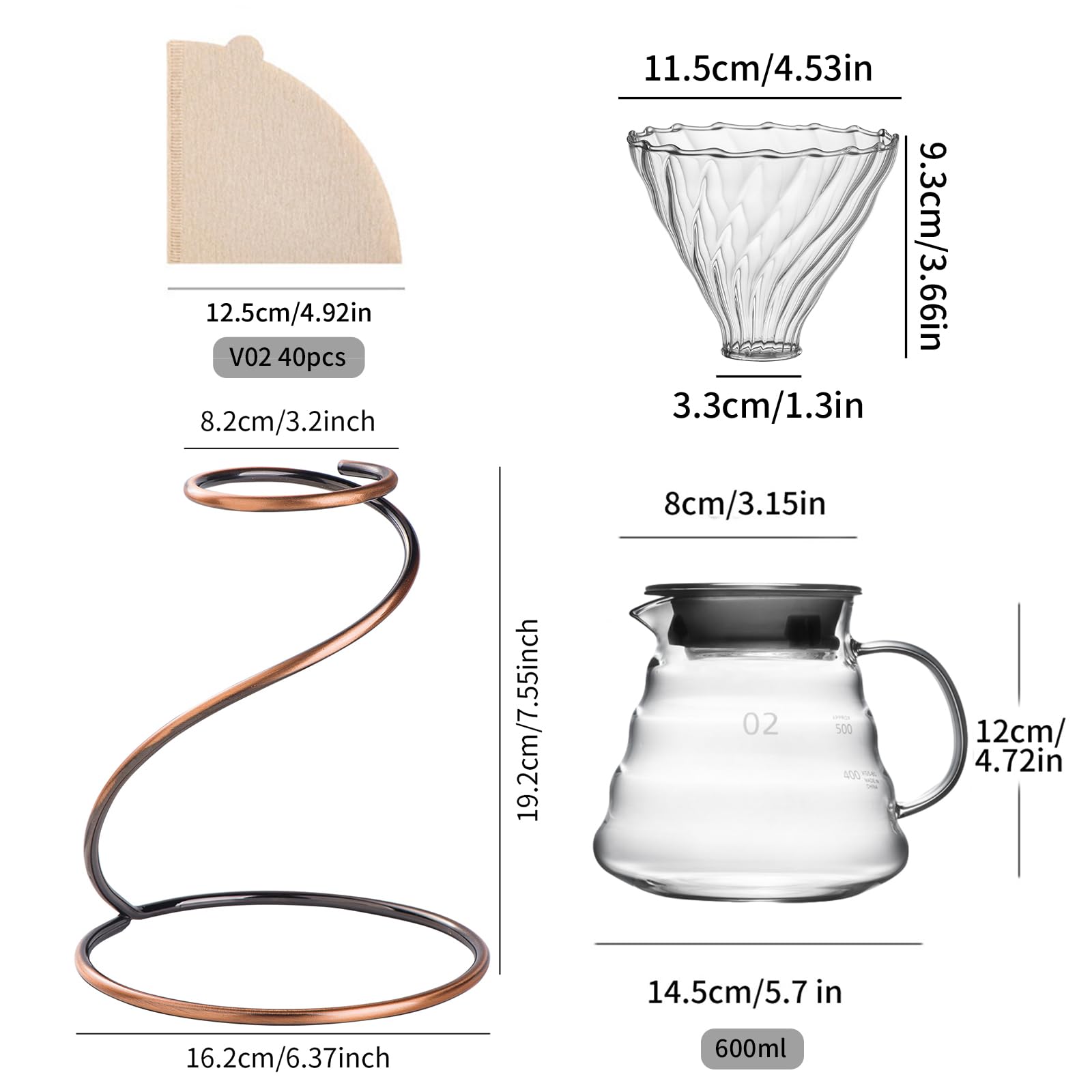 Coffee Pour Over Set - Complete Pour Over Coffee Maker with Dripper, 40Filters and Metal Stand - Portable & Stylish V60 Style Drip Coffee Brewer