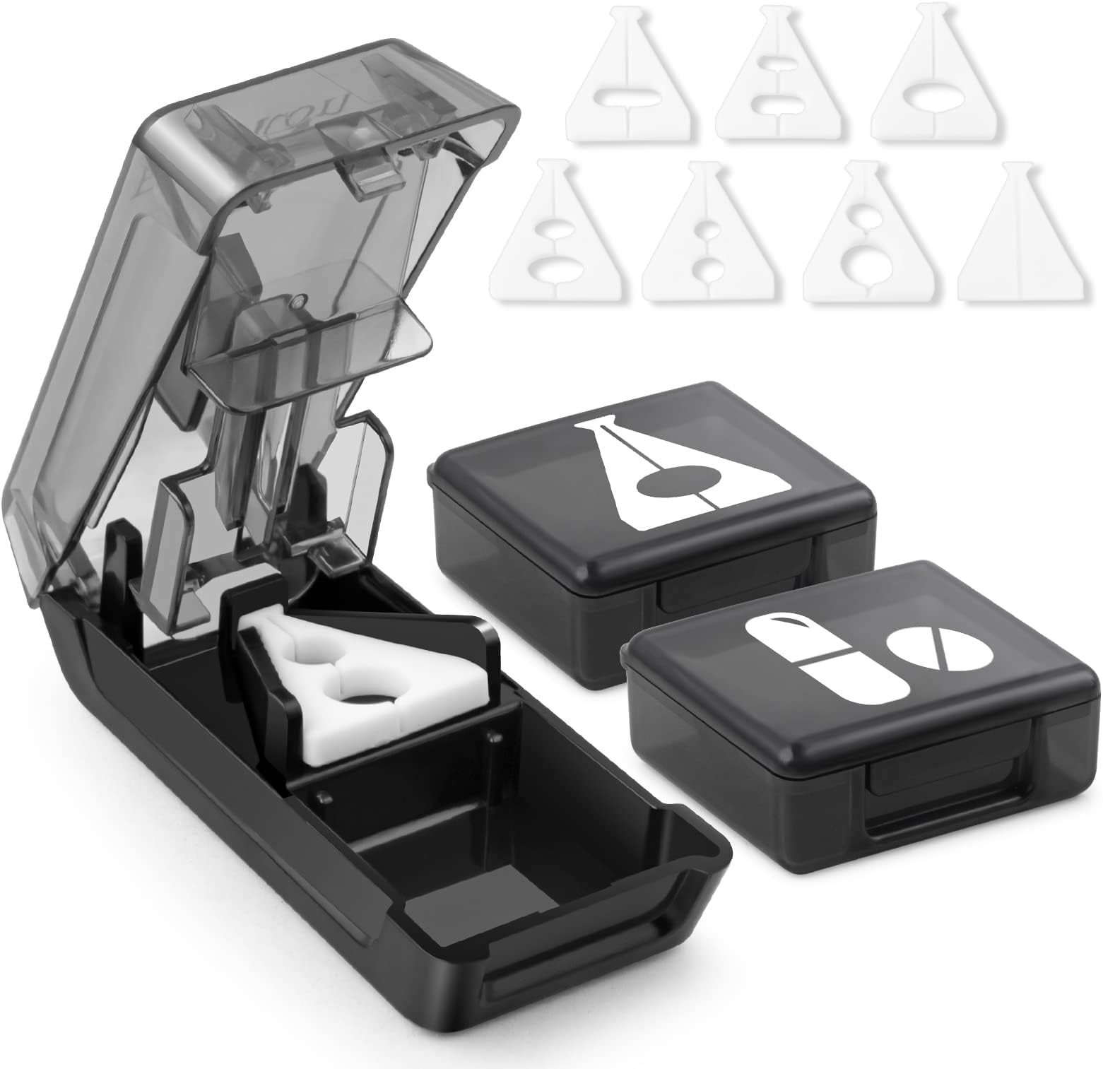 Fullicon Pill Cutter for Small or Large Pills, Pill Splitter with V-Shape Holder, Medicine Slicer with Sharp Blade,Tablet Splitter with Two Large Pill Organizers (Black)