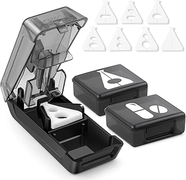 Fullicon Pill Cutter for Small or Large Pills, Pill Splitter with V-Shape Holder, Medicine Slicer with Sharp Blade,Tablet Splitter with Two Large Pill Organizers-Black