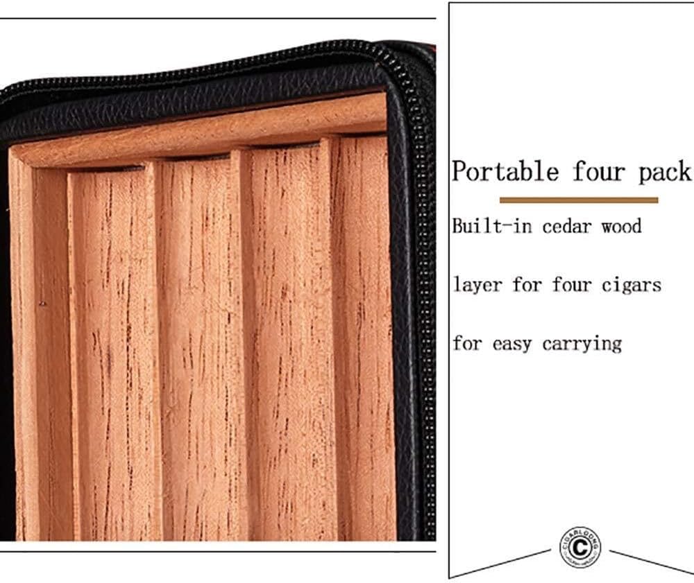Portable Cedar Wood Cigar Humidor Box, Travel Leather Case, Storage 4 Cigars(Black)