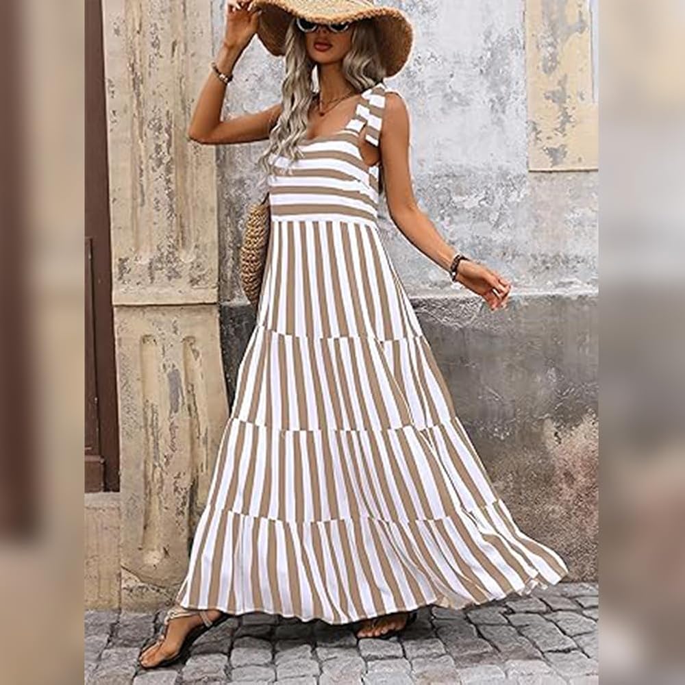 knee length dresses for ladies Taupe Striped Beach Knit Maxi Dress - Cover Up main image 0