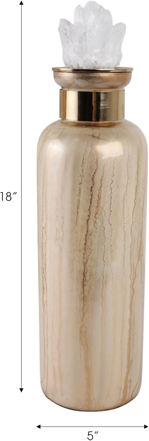 Cylinder Vase for Living Room Decor - Glass Flower Vase with Crystal Accent Top for Home and Office Use - Glam Accent for Table or Shelf in Room, Bedroom and House Settings - 18", Gold & Metallic