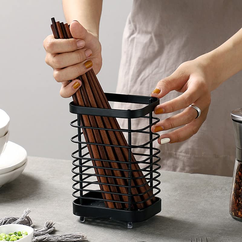 Image of Draining Holder, Stainless Steel Utensil Drying Rack Wall Mount No Drilling with for Kitchen Chopsticks (Black L(350ml))