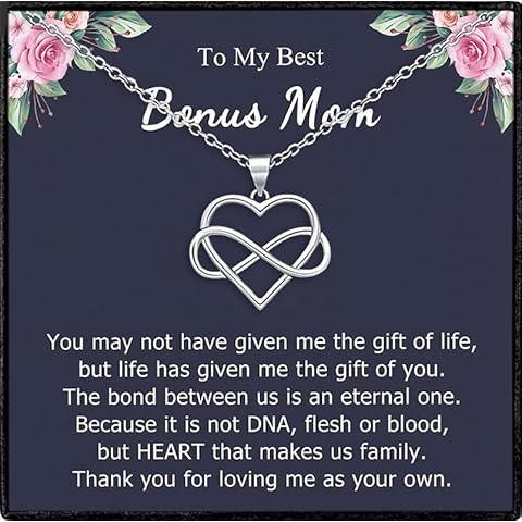 WUSHAOHE Gifts for Mom, Bonus Mom Necklace from Daughter/Son, Infinity Heart Necklaces for Women, Mothersday Gift for Stepmom/Mother in Law,Message Card and Jewelry Box Gift Cover
