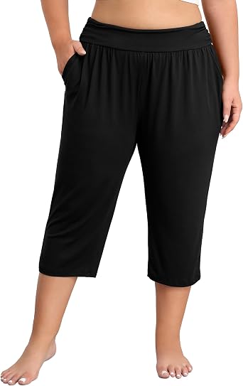 COOTRY Plus Size Capri Pants Summer Loose Yoga Pants Comfy Workout Cropped Pants with Pockets Causal Sweatpants Black 4XL