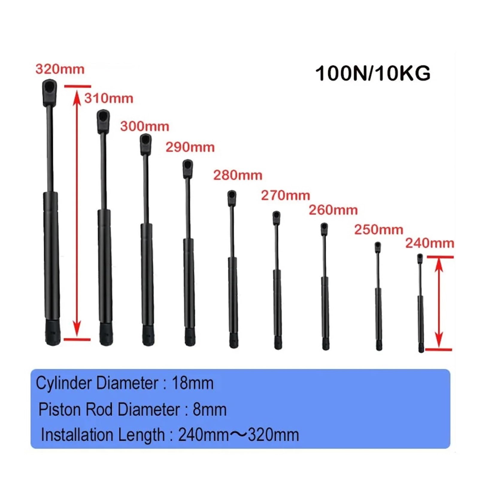 Podnośnik Tylnej Klapy Obsługuje 1 sztuka uniwersalny łącznik amortyzatora gazowego do samochodu, hydrauliczny podnośnik amortyzatora, 240 mm-320 mm, 100 N(18-8-95-260)
