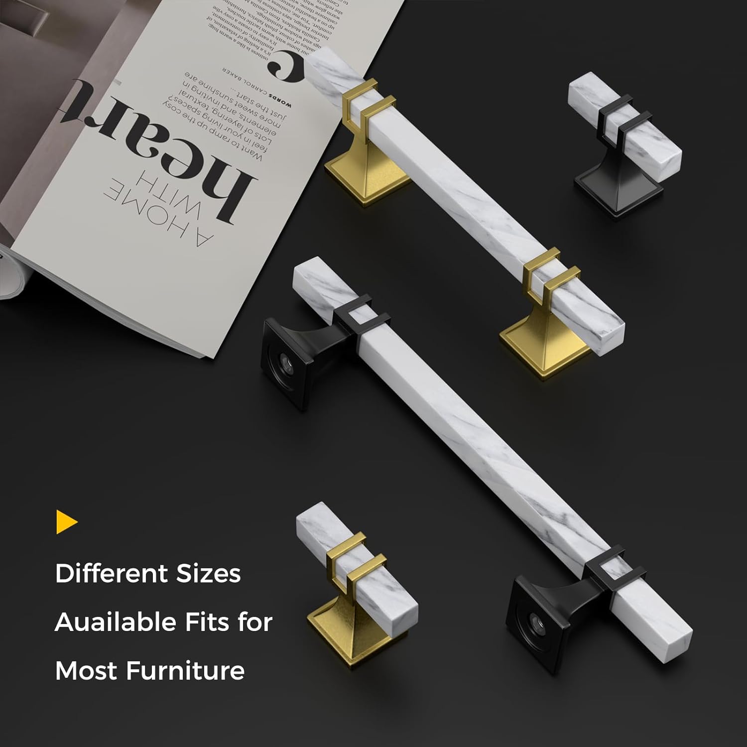 Rergy Cabinet Handles Marble Drawer Pulls and Knobs, 10Pack White Marble & Black 5inch Hole Center, T-Bar Hardware for Kitchen Dresser Zinc Alloy Furniture - Image 5