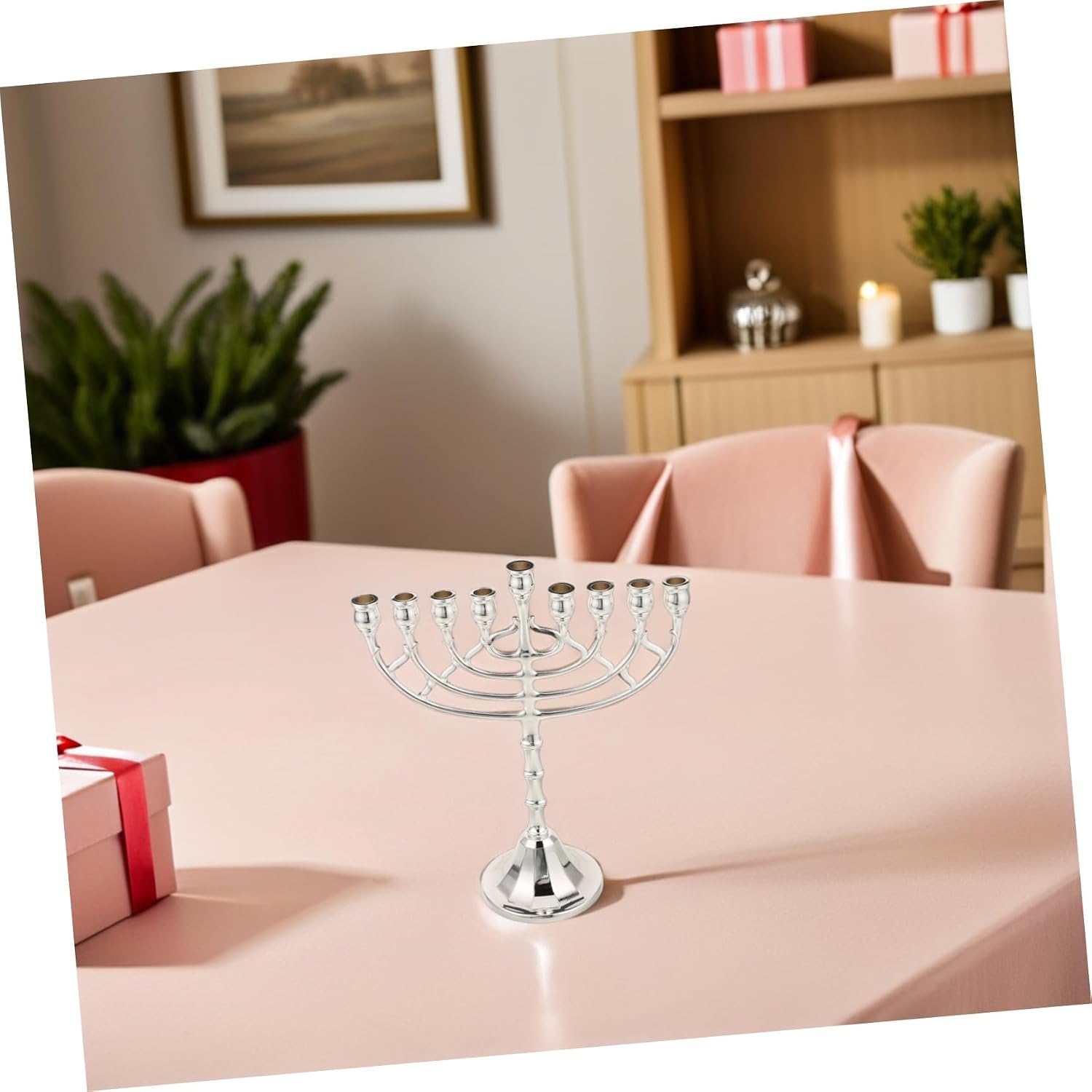 9 Branch Menorah Candlestick Holder, Alloy Silver with Drip Cups