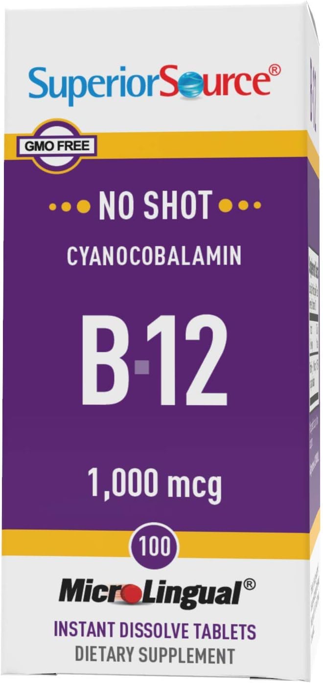 Superior Source No Shot Vitamin B12 Cyanocobalamin 1000 mcg, Quick Dissolve Sublingual Tablets, 100 Count, B12 Supplement to Increase Metabolism and Energy Production, Nervous System Support, Non-GMO
