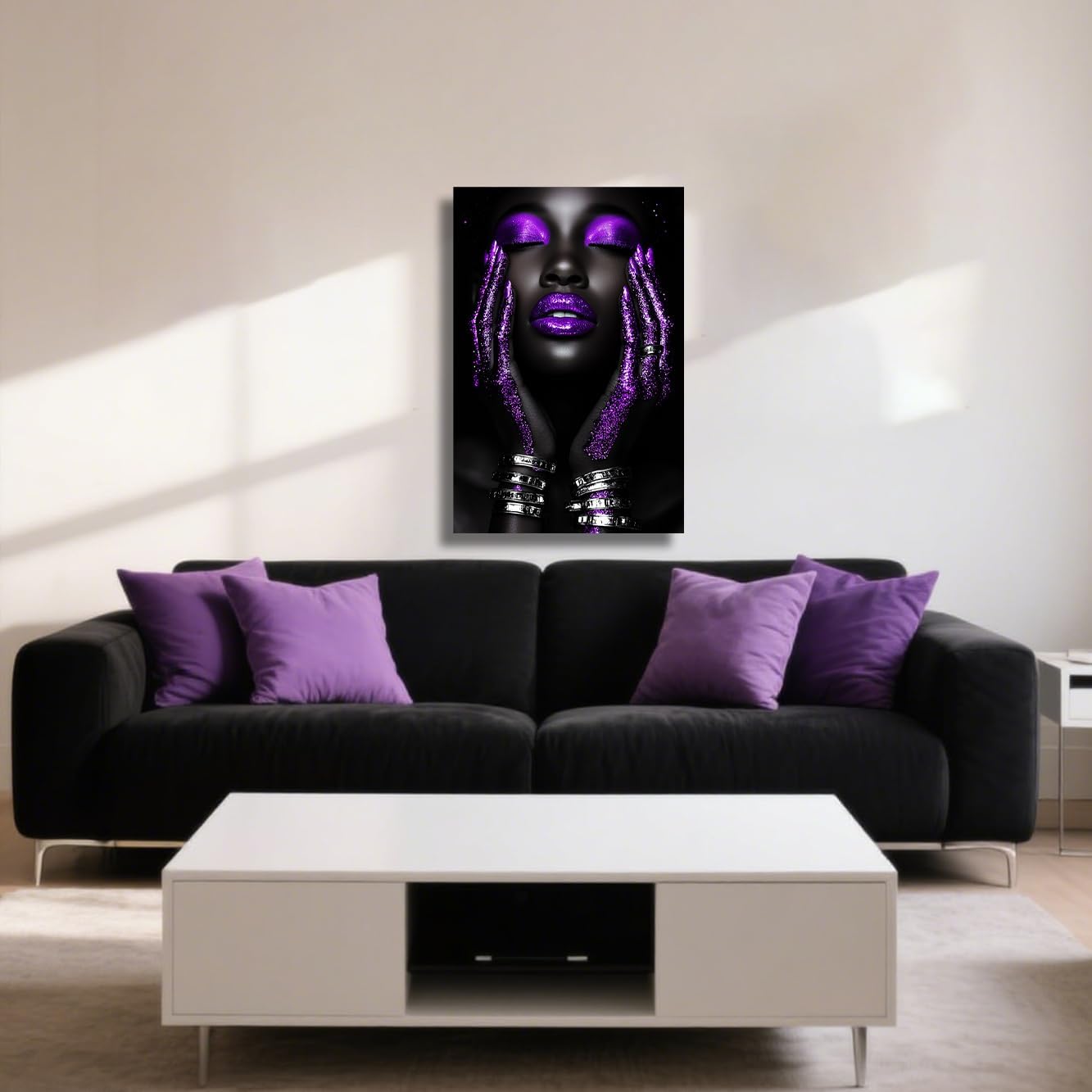 ZSHARTSWD African American Canvas Wall Art Black and Purple Woman Pictures Abstract Girl Portrait Print Painting Fashion Female Poster for Bedroom Home Decor (Black, 18L x 12W)