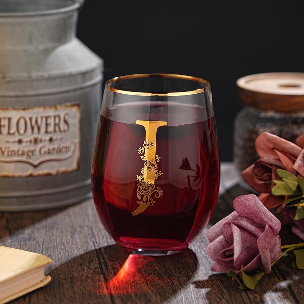 Unique Stemless Floral Monogram Wine Glass Engraved-Initial Wine Cup for Red or White 15oz Wine Glass Cup Letter J- Gifts for Women Men Birthday Christmas Gifts Wedding Bridesmaid Proposal - Image 7