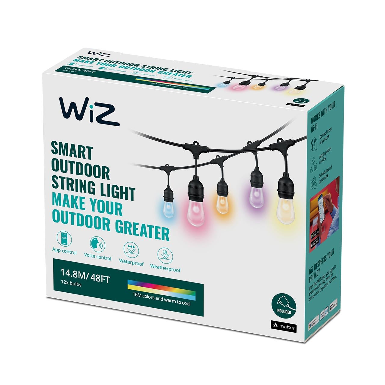 WIZ Guirlande Lumineuse Connectée, 16 millions de couleurs et nuances de blanc, 15 mètres, Idéal pour un utilisage extérieur (IP65), Compatible Alexa, Google Assitant et Apple HomeKit