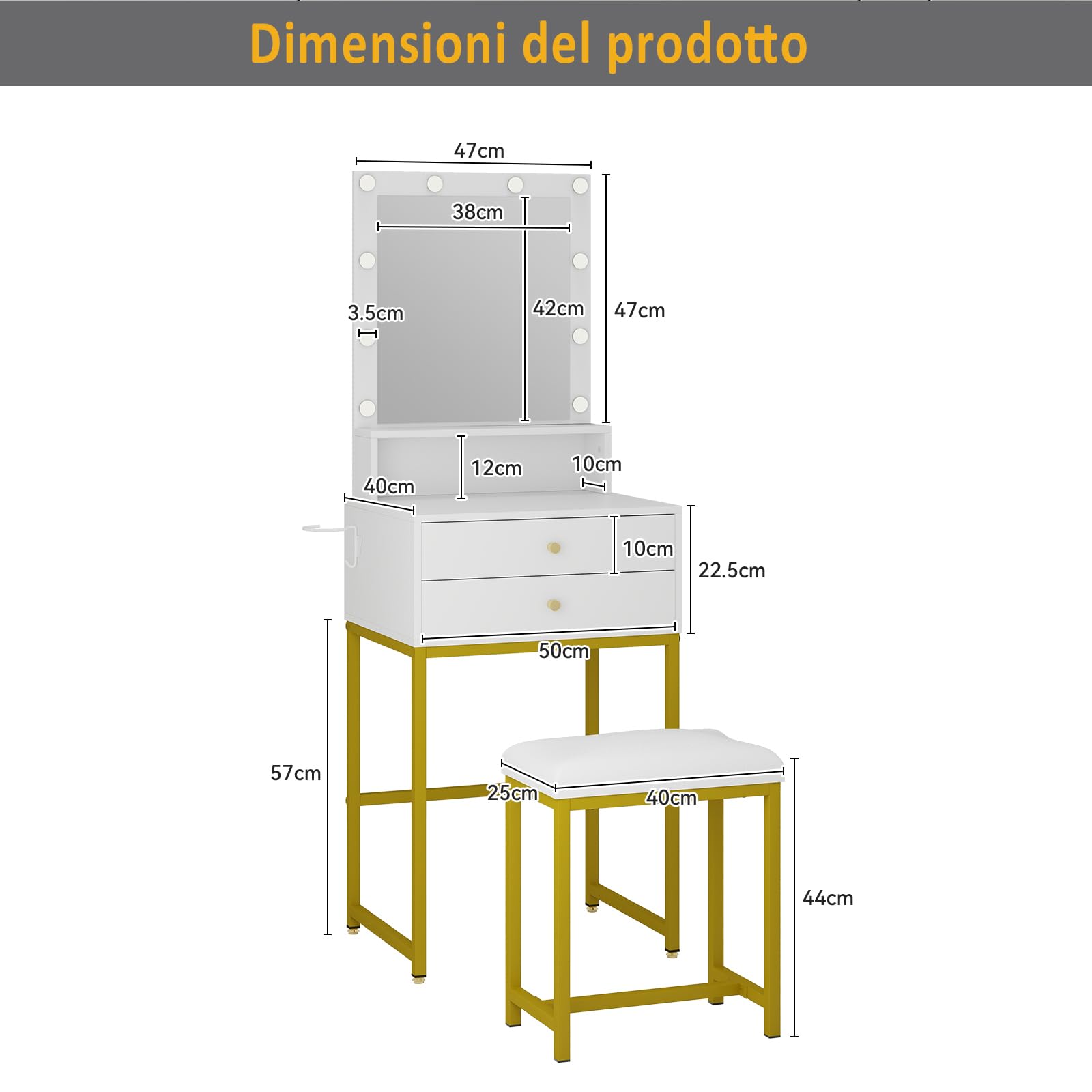 YU YUSING Toeletta Trucco con 10 Luci LED, 3 Colori, Tavolo da Trucco con Specchio e Sgabello, 2 Cassetti e 1 Ripiani Aperto, Supporto per Asciugacapelli, Postazione per Camera da Letto Soggiorno, Oro