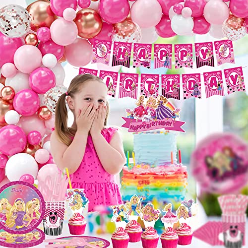 221 Pcs Pink Style Birthday Party Supplies, Pink Theme Birthday Party Decorations Include Banners, Cake & Cupcake Topper, Backdrop, Tablewares, Balloons, Invitation Cards And Stickers For Girls #TOP5