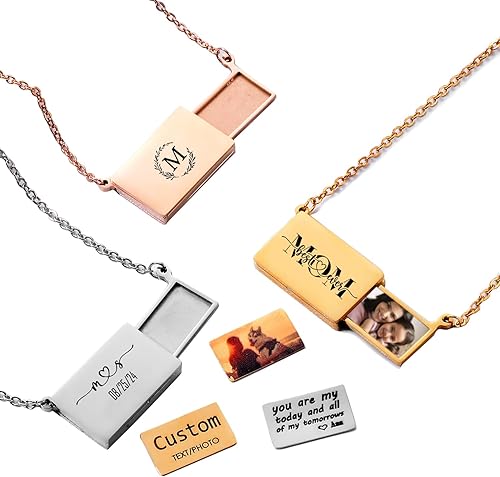Colgante personalizado de medallón de sobre de acero inoxidable para niñas, collar con medallón de texto con foto personalizada, Acero inoxidable,