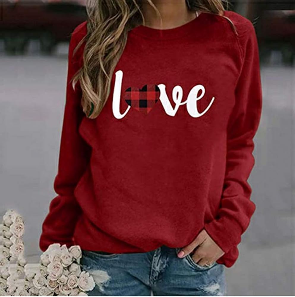 Pull Saint-Valentin Femme Motif Coeur - Chemisier Manches Longues Imprimé Amour Col Rond Mignon