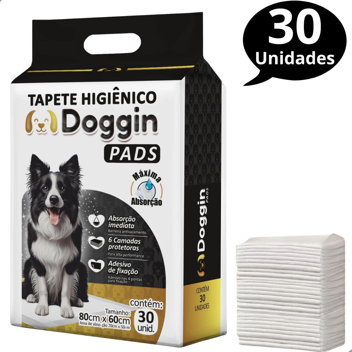 Tapete Higiênico 80cm x 60cm 30 Unidades para Cachorro Sanitário Super Absorvente Antivazamento Alta Absorção Descartável Premium Atrativo 6 Camadas Doggin
