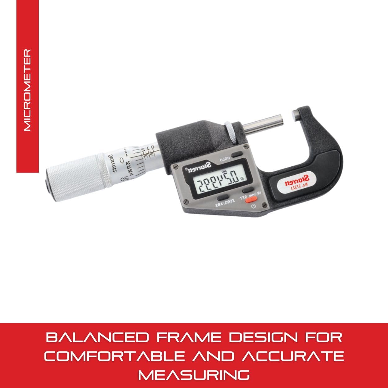 Starrett Inch/Metric Electronic Micrometer Without Output - One-Piece Friction Thimble, Automatic Off, 0-1 Inch Range, .00005 Inch Resolution, LCD Display - 3732.1XFL-1