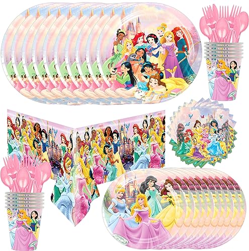 Princess Birthday Party Supplies Decorations for Girls Princess Birthday Tableware Includes Party Plates Paper Cups Knives