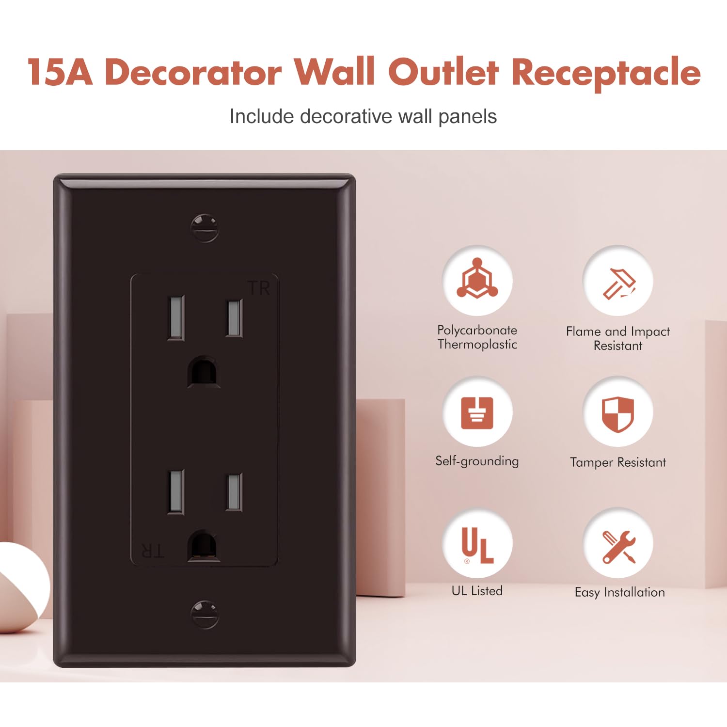 KULED Decorator Receptacle, 15A 125V Standard Electrical Wall Outlet, Tamper Resistant, Grounding UL Listed (10 Pack, Brown, 15A Outlet with wallplates)