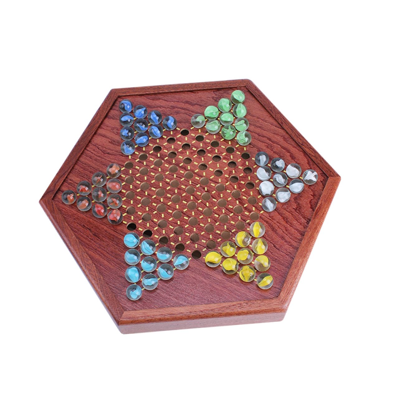 Kisangel Gioco Da Tavolo in Legno Con Biglie Di Vetro Colorate, Gioco Esagonale Per Ragazzo Ragazza e Adulti, Set Di Strategia Familiare Con Cassetto Porta Biglie