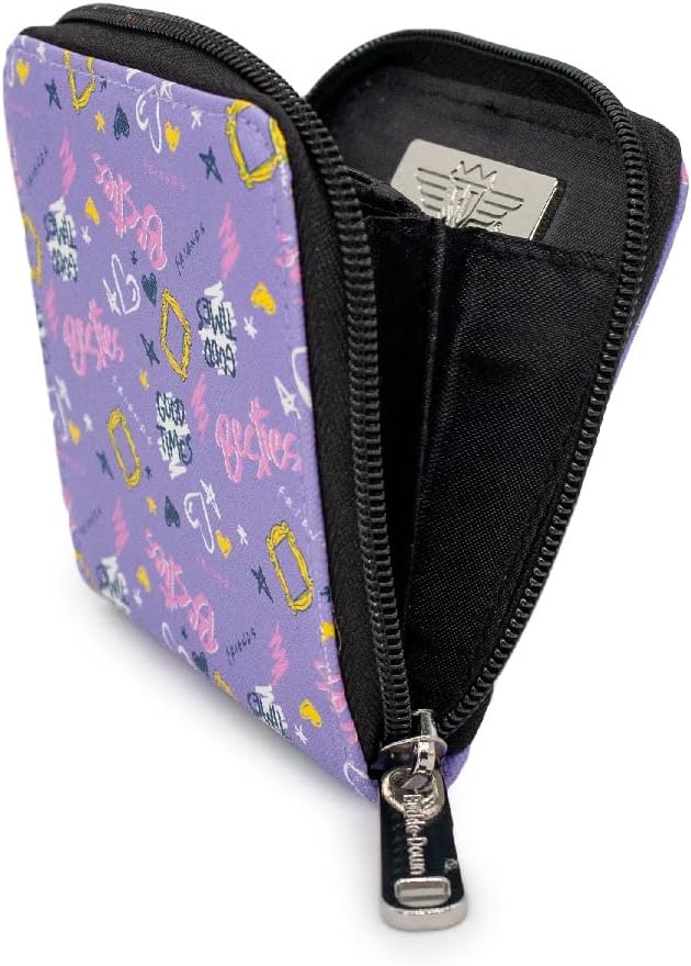 Buckle Down Friends Wallet, Square Zip Around, Icons and Quotes Collage, Lavender, Vegan Leather