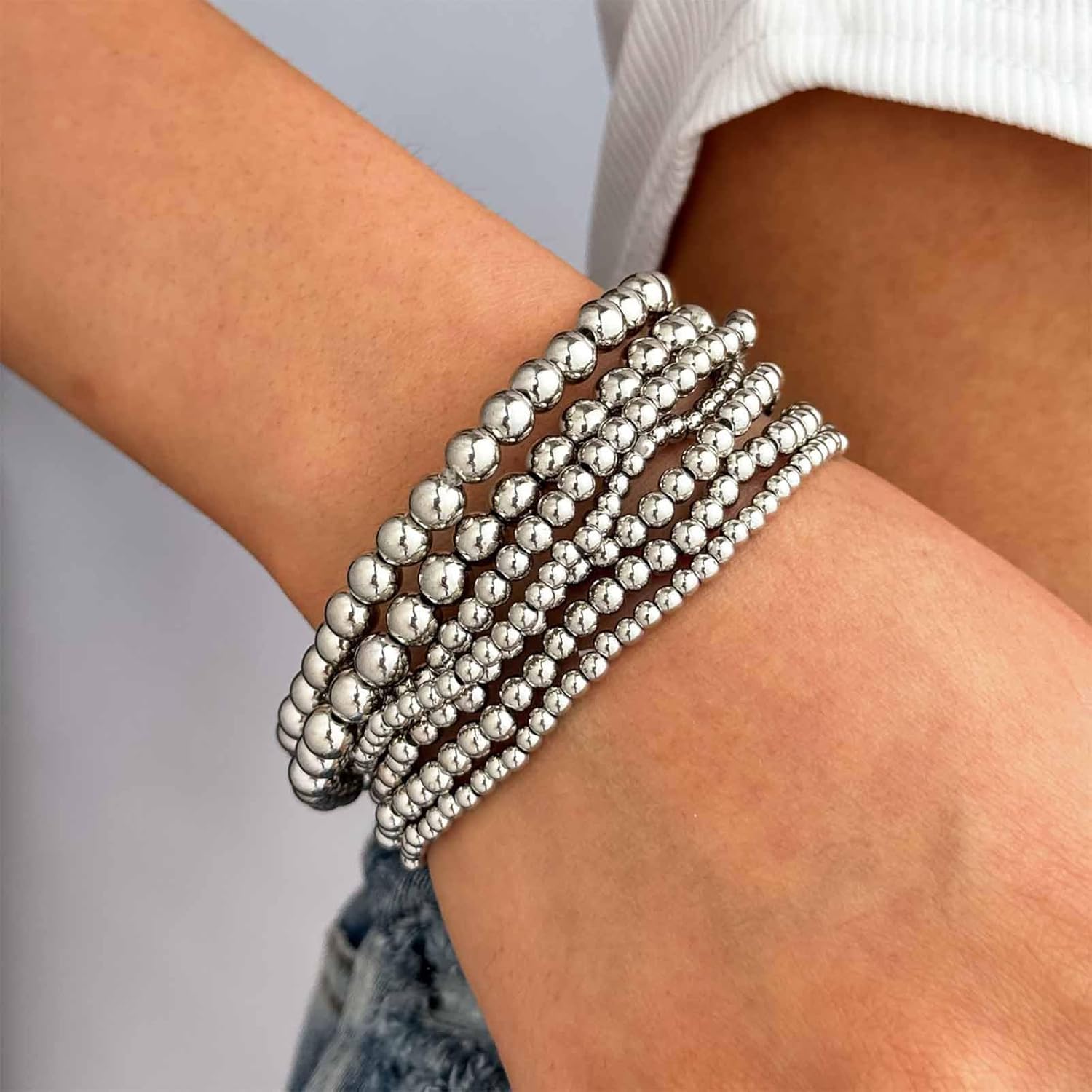 Vintage Gold Strand Stretch Bead Bracelet Layered Beaded Bracelets Elastic Round Ball Bracelet Minimalist Gold Beaded Bracelets Beads Hand Chain 7PCS Jewelry for Women - Image 5