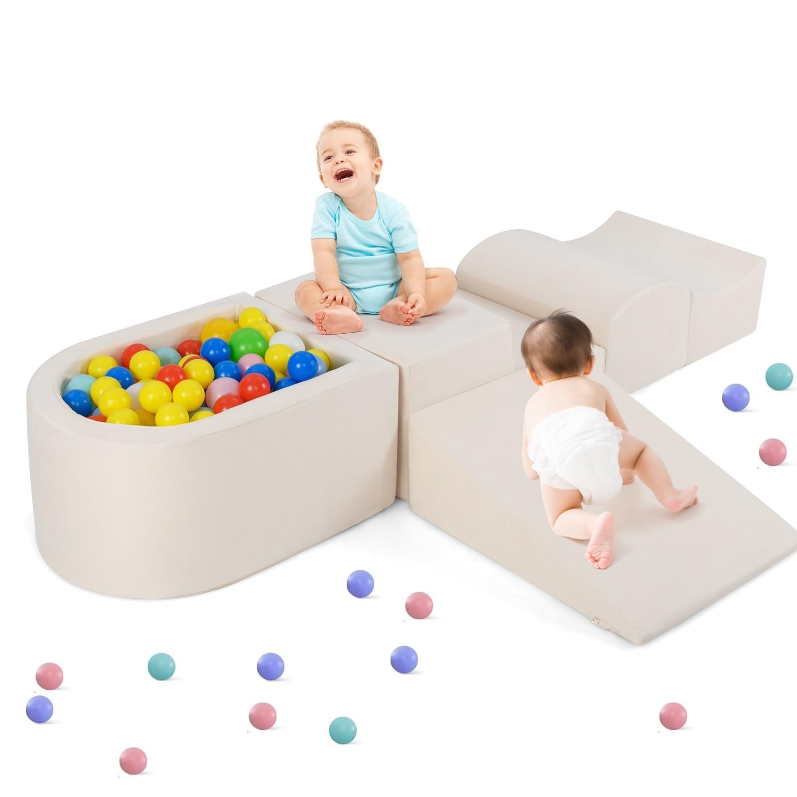 Climbing Toys for Toddlers, Foam Climbing Blocks and Ball Pit for Baby, 5pc Kids Climb and Crawl Block Activity Structure Play Set, Indoor Foam Play Gym for Crawling and Sliding (Beige) โ image 1