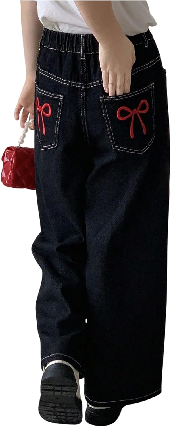 OYOANGLE Girl's Bow Embroidery Straight Leg Jeans Elastic Waist Solid Denim Pants with Pockets