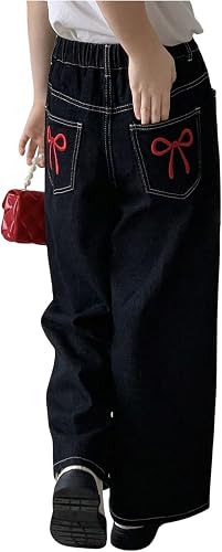 GORGLITTER Girl's Baggy Wide Leg Jeans Cute Bow High Waisted