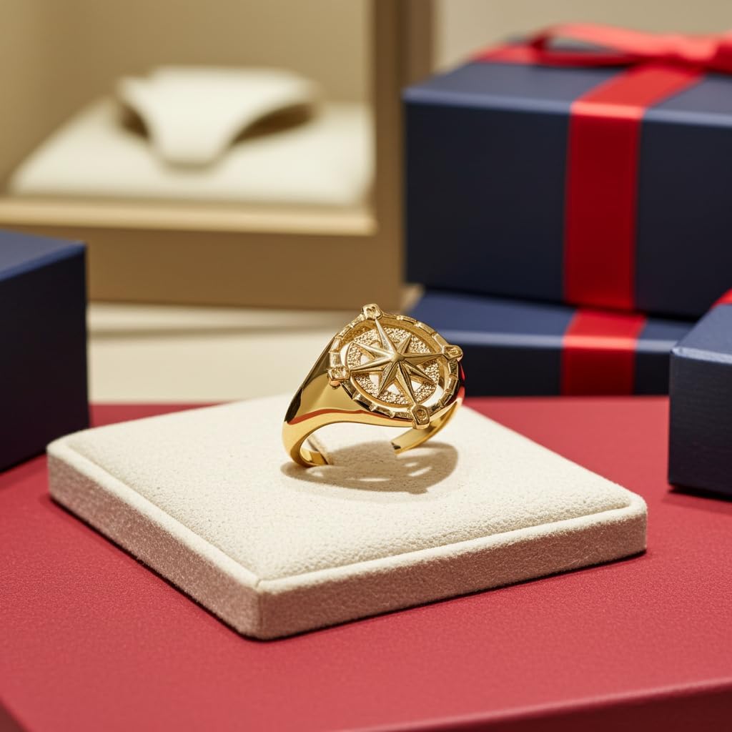 LA BLINGZ Gold Compass Ring for Women North Star Compass Rose Open Signet High Polished 10K 14K Yellow or White gold