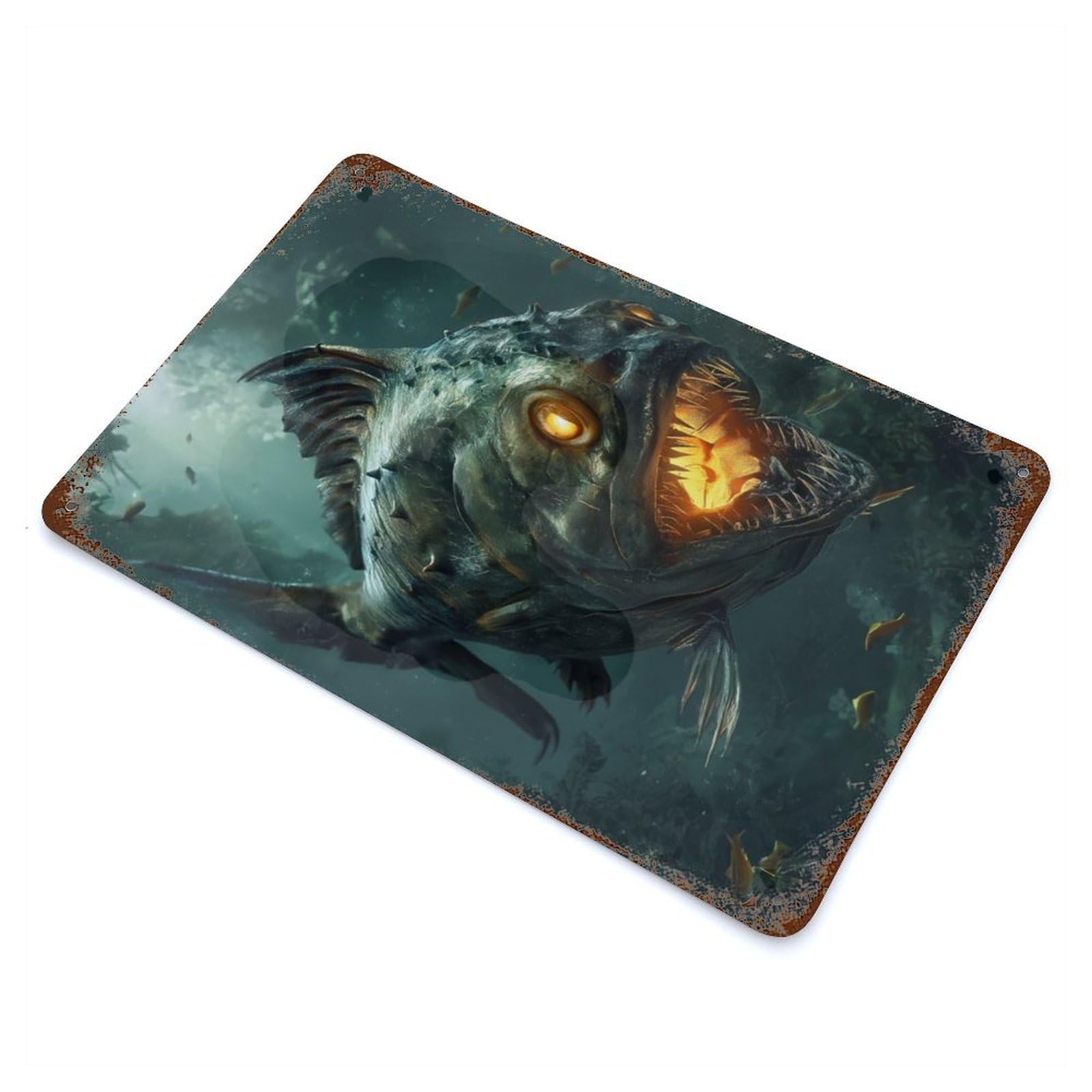 Rust Effect Tin Sign Fantasy Piranha Glowing 11.8"x7.9", Vintage Wall Decor for Living Room, Hallway And Home Decor