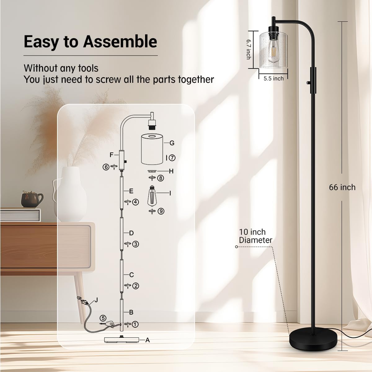 BoostArea Dimmable Standing Lamp with Seeded Glass Lampshade, 6W LED Bulb Included, Modern Industrial Lamp for Living Room, Bedroom, Office