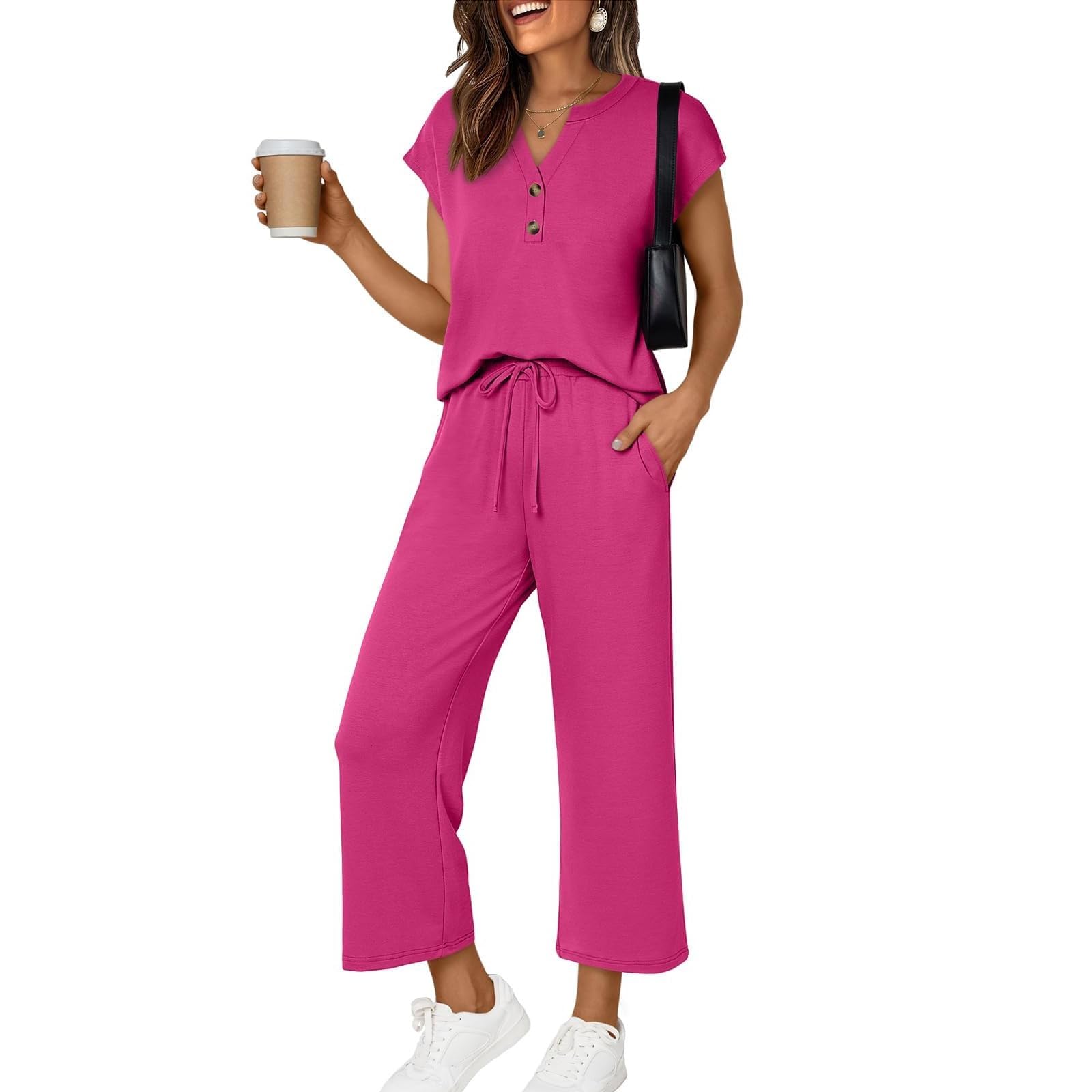 Damskie 2-częściowe stroje z krótkim rękawem dekolt w serek Henley top szerokie nogawki spodnie Capri Casual Lounge Set Odzież podróżna