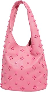 Bolso de Mano en PU Cuero para Mujer Bolso de Hombro con Decoración de Remaches a la Moda Bolso de Axila en Estilo Cubo con Pequeña Capacidad Compras Viajes Trabajo Tote Rosa