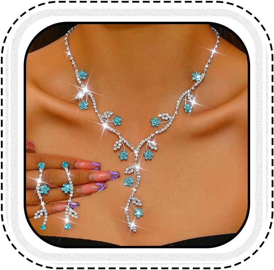 Unicra Rhinestone Bridal Wedding Jewelry Set Silver Necklace Earrings Sets Flower Formal Prom Costume Jewelry Sets for Women and Brides