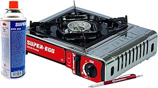 Cocina portátil de gas butano SUPER-EGO para camping. Incluye hornillo de gas, maletín de transporte, un cartucho de butano BTN 250 y boli destornillador de regalo. Adaptada a la nueva norma EN-17476