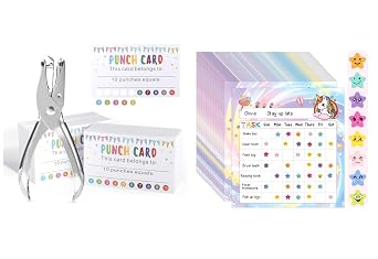 Punch Cards 200 Pack with Puncher Incentive Reward Charts 70 Pack Chort Chart for kdis Behavior Chart for Toddler with 2640 Star Stickers