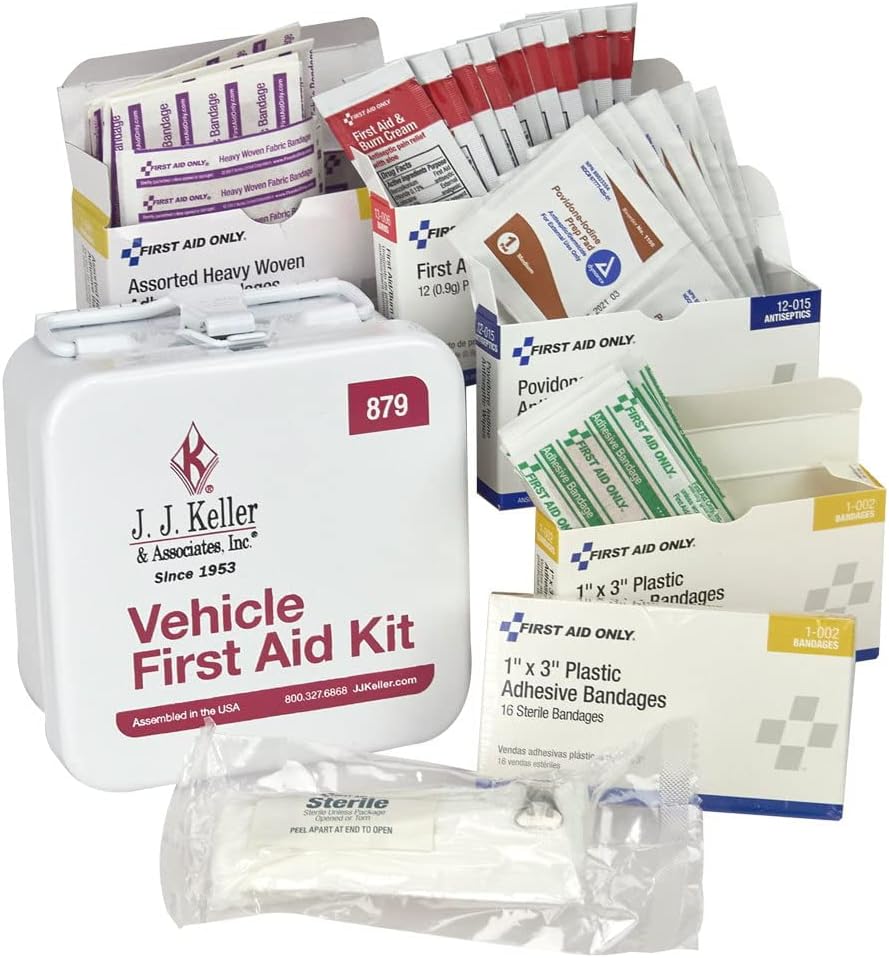 First Aid Kit for Cars and Trucks, 70 Pieces, Small Heavy-Duty Steel Travel Case, J. J. Keller & Associates, Inc.