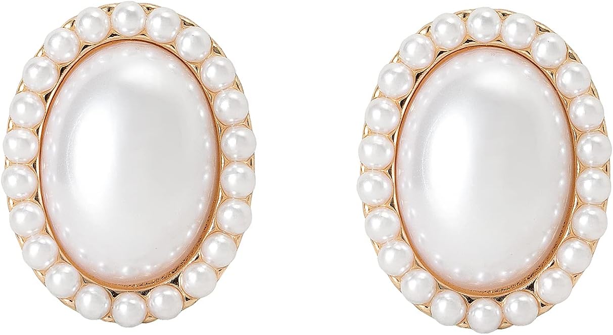 Pearl Clip on Earrings for Women Non Pierced 14K Gold Plated Oval Earrings