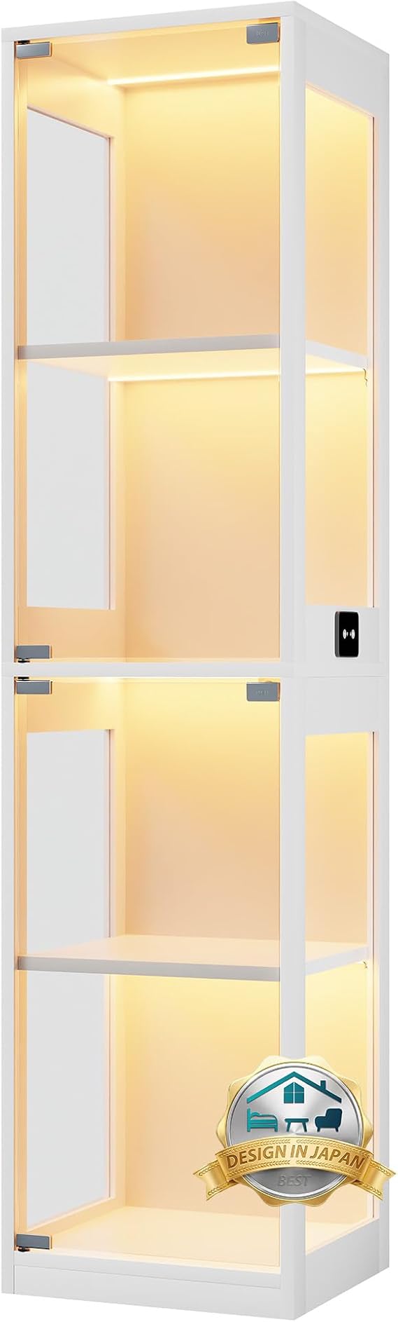 WYNDHAM Glass Case, Showcase 7 Colors LED Lighting, 0.2 inch 5 mm Explosion-proof Tempered Glass, E0 Grade MPF High Density Plate, Touch Sensor Key, 4 Tier Construction, Width 15.7 x Depth 13.8 x
