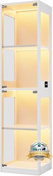 WYNDHAM Glass Case, Showcase 7 Colors LED Lighting, 0.2 inch 5 mm Explosion-proof Tempered Glass, E0 Grade MPF High Density Plate, Touch Sensor Key, 4 Tier Construction, Width 15.7 x Depth 13.8 x