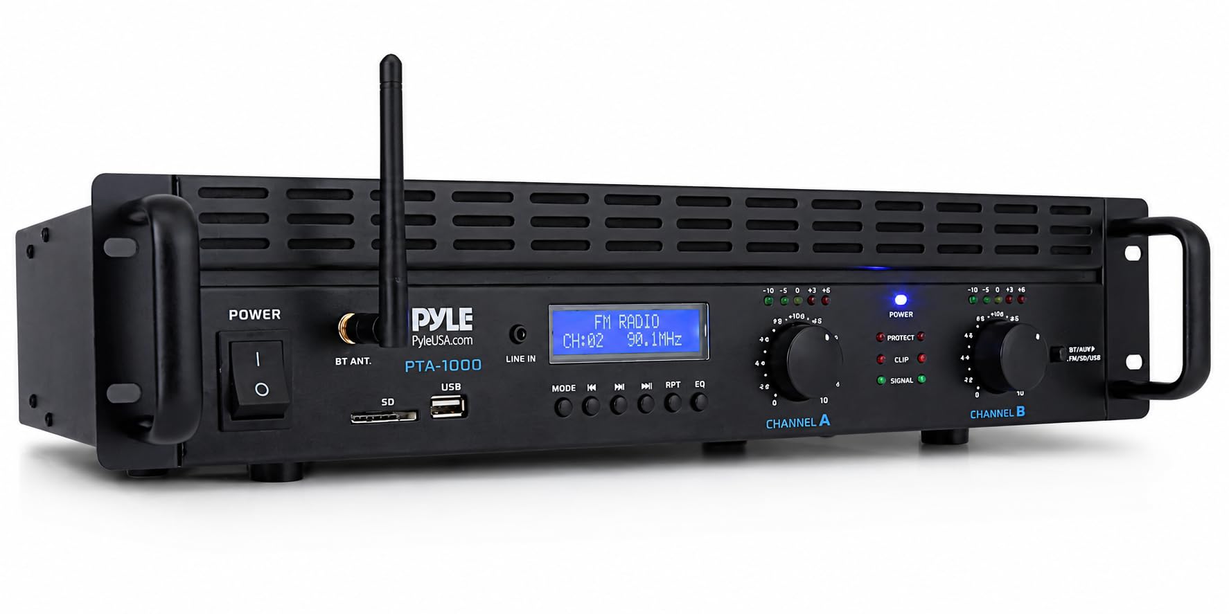 Pyle Amplificador de Sonido, para el hogar, 2000W, Bluetooth, Estereo, Entradas TRS XLR, LCD, 2 Canales, Modo Puente, Ventilador de refrigeracion