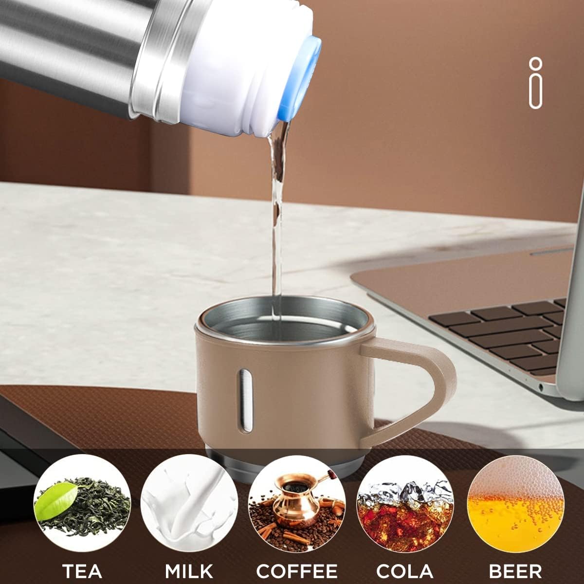 Coffee Thermo Bottle -Vacuum-Insulated Stainless Steel Travel Mug, 16oz Insulated Bottle with Cup for Hot & Cold Drink Travel Mug (Brown, Three Cup) - Image 5