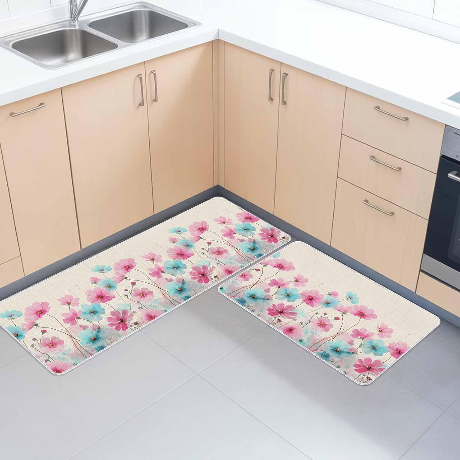 Watercolor Blue Pink Flowers on Linen Kitchen Rug and Mat,Washable Floor Mats Standing Cushioned Set of 2,Retro Floral Art Slip-Proof Doormat Runner Rugs for Indoor Bathroom Laundry Sink