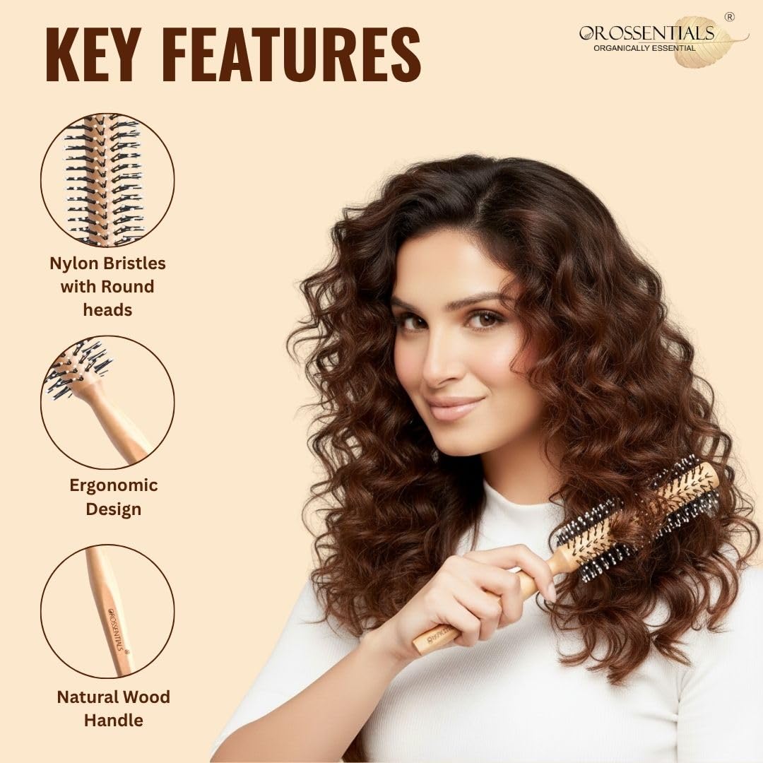 Wooden hair brush for Women & Men Boar Bristle Wooden Paddle hair brush for men women Curly hair Wooden brush for hair growth with flat paddle brush (Nylone Bristles Round, Brown)