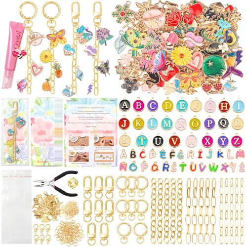 Ecoofor 400Pcs Charms Lip Gloss Keychain Making Kit, DIY Craft Supplies with Charms, Key Hooks, Jump Rings, Lobster Clasps, Chains & Tools, Jewelry Kit for Custom Keychains, DIY Handmade Gift